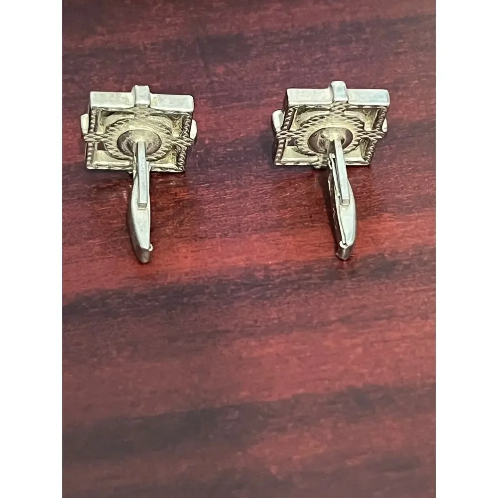 VTG MCM Brutalist Silver Tone Cufflinks Olive Gray Cabachon Whimsygoth Goth